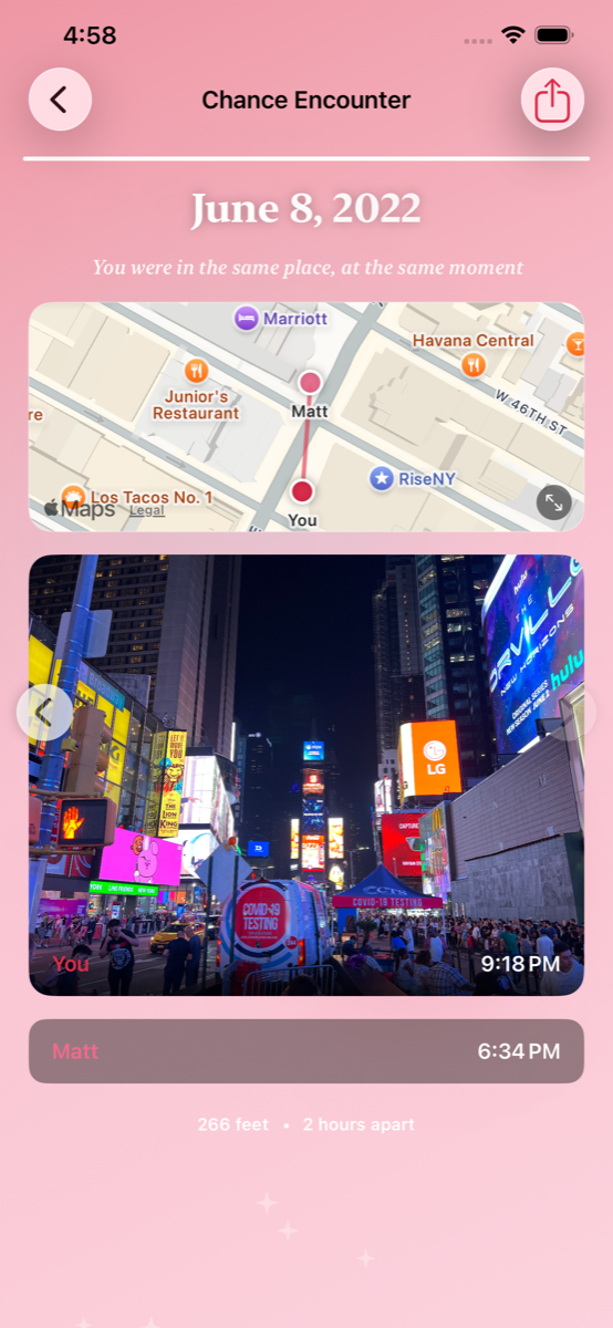 Invisible String app showing a chance encounter in Times Square